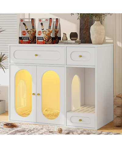 6thdruple Modern Green Cat Litter Box Cabinet, Led Hidden Cat House with Storage Drawers