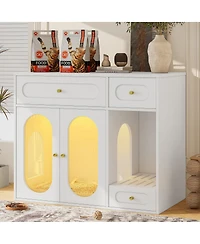 6thdruple Modern Green Cat Litter Box Cabinet, Led Hidden Cat House with Storage Drawers