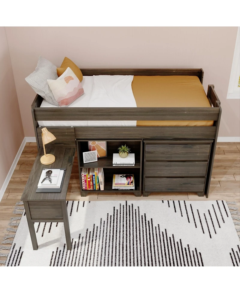 Max & Lily Modern Farmhouse Low Loft Bed, Twin Bed Frame for Kids with 3-Drawer Dresser, 2-Shelf Bookcase and Hook-on Desk