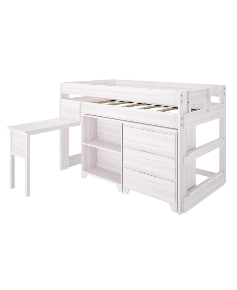 Max & Lily Modern Farmhouse Low Loft Bed, Twin Bed Frame for Kids with 3-Drawer Dresser, 2-Shelf Bookcase and Hook-on Desk