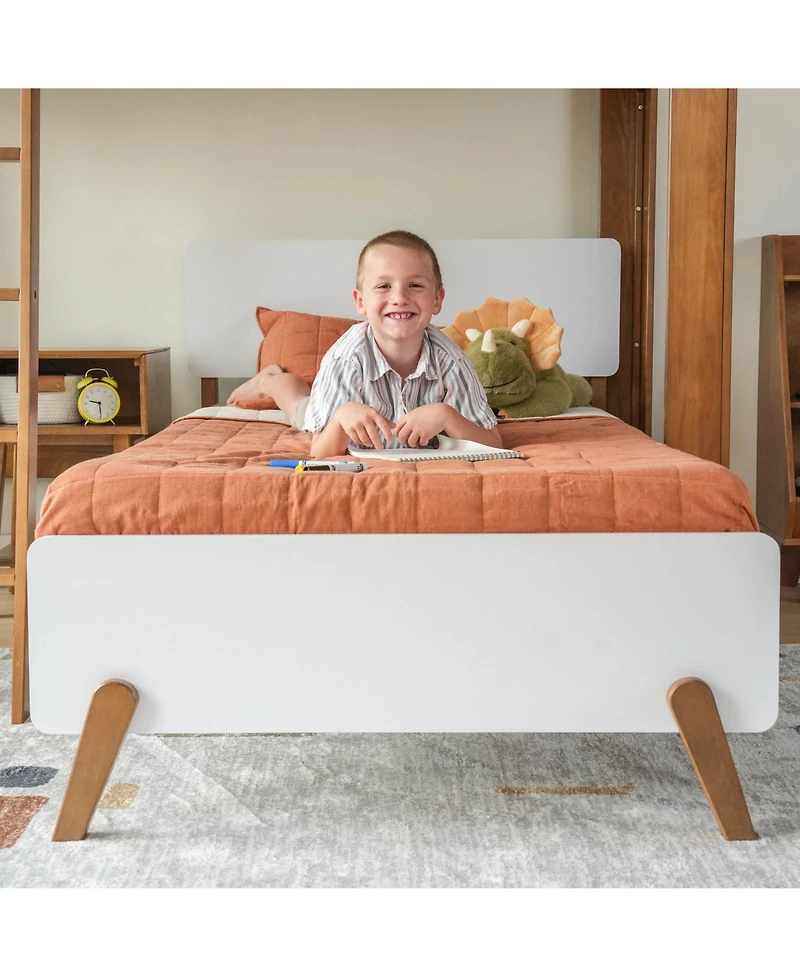 Max and Lily Mid-Century Modern Twin over L-Shaped Bunk Bed, Solid Wood, White/Pecan