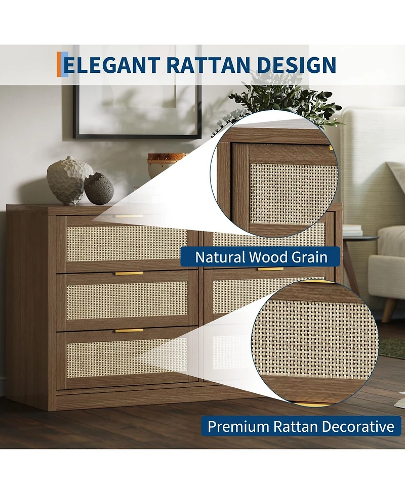 gaomon 6-Drawer Dresser for Bedroom, 57.2" Wide Rattan Dresser Modern Wood Chest with Metal Handles
