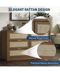 gaomon 6-Drawer Dresser for Bedroom, 57.2" Wide Rattan Dresser Modern Wood Chest with Metal Handles