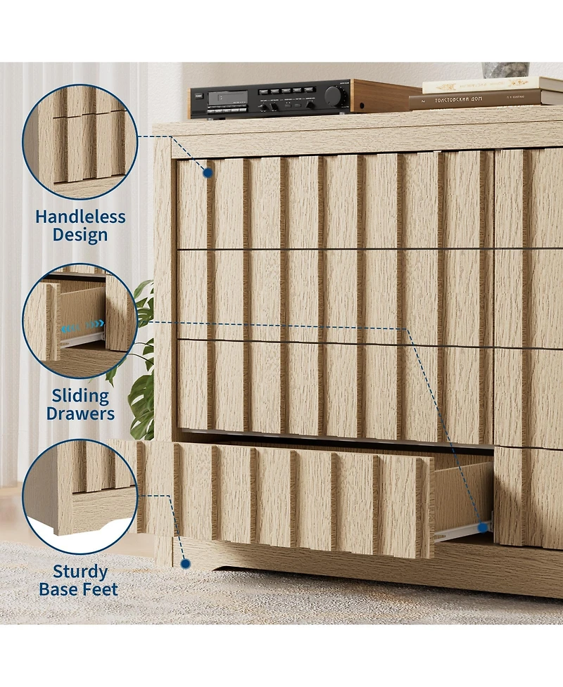 gaomon Bedroom 54" Wide 8-Drawer Fluted Dresser, Curved Profile Wood-Look Storage Chest