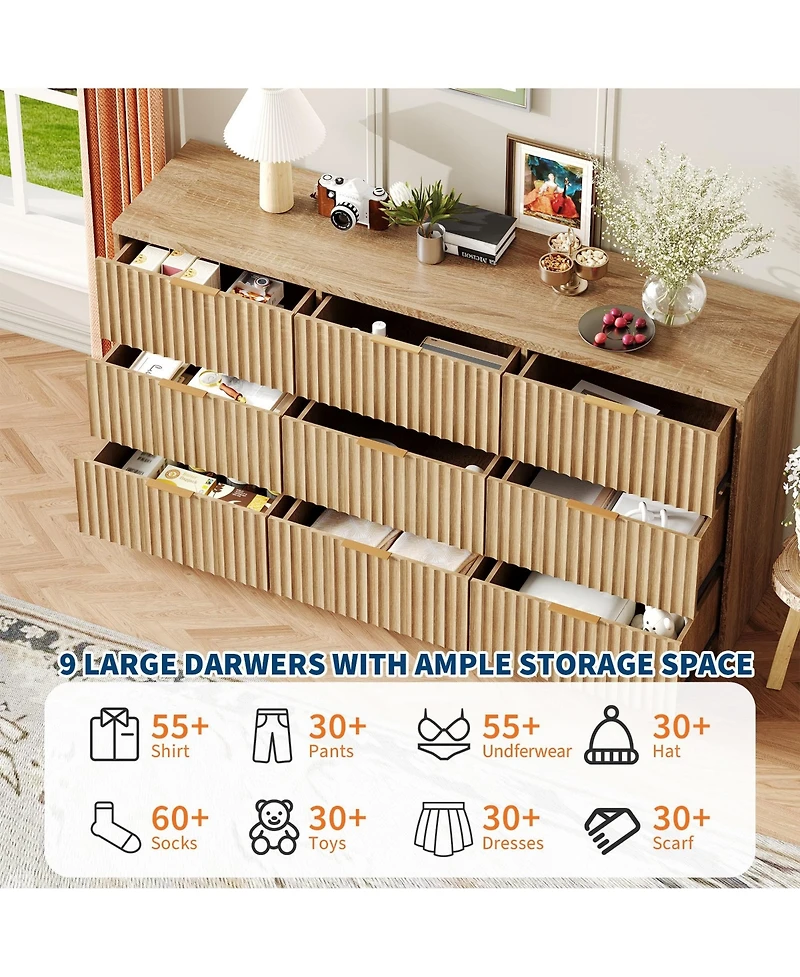 gaomon 9 Drawer Fluted Dresser, Large Wood Storage Chest Organizer for Bedroom Living Room Home Office