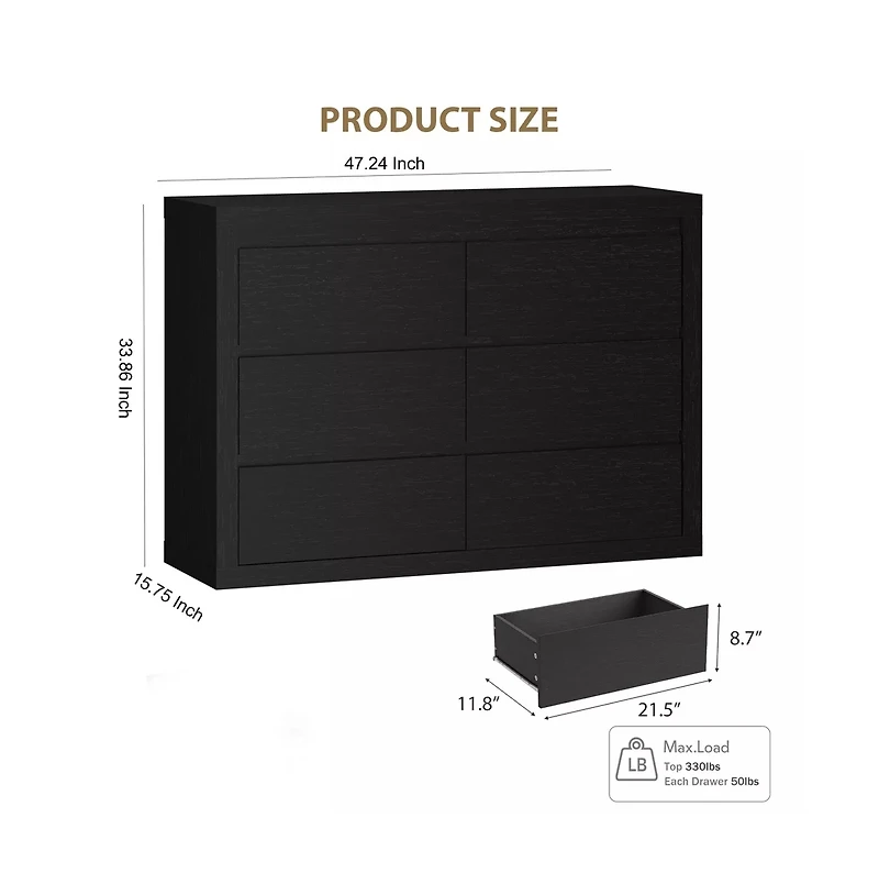 gaomon 6 Drawer Modern Wooden Dresser with Handleless Design, Wide Storage Chest for Bedroom Living Room Entryway