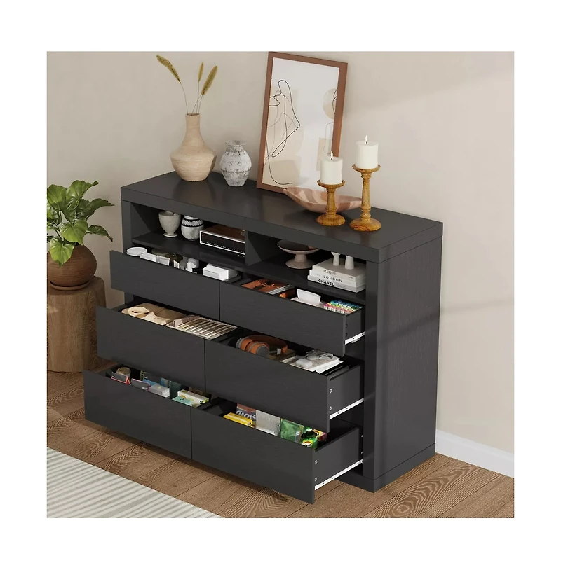 gaomon 6 Drawer Modern Wooden Dresser with 2 Open Shelves, 47" Wide Handleless Storage Chest for Bedroom