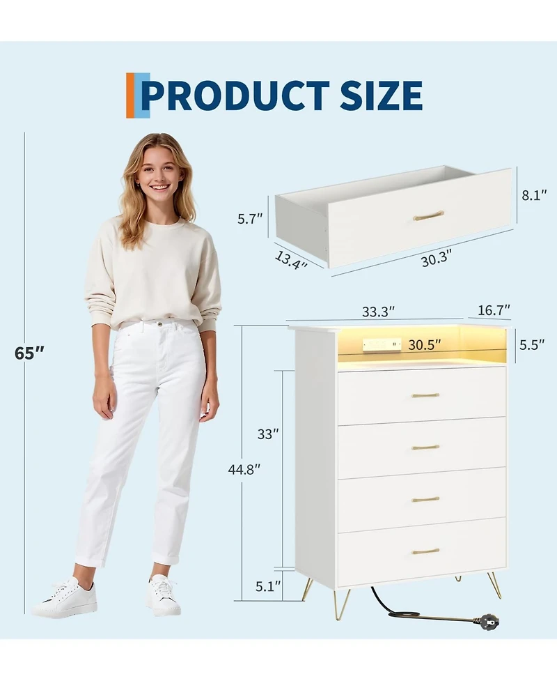 gaomon Tall 4 Drawer Dresser with Rgb Led Lights and Charging Station, App Controlled Storage Cabinet for Bedroom