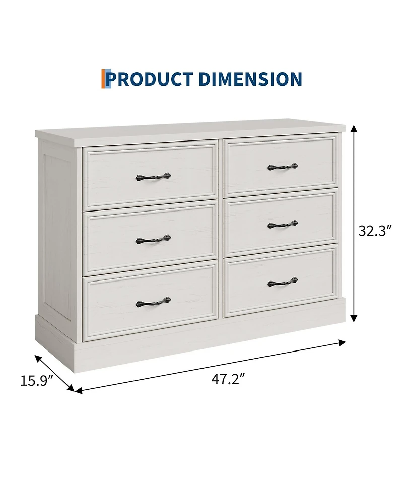 gaomon 6 Drawer Wooden Dresser, 47" Wide Chest with Large Storage Drawers for Bedroom or Living Room