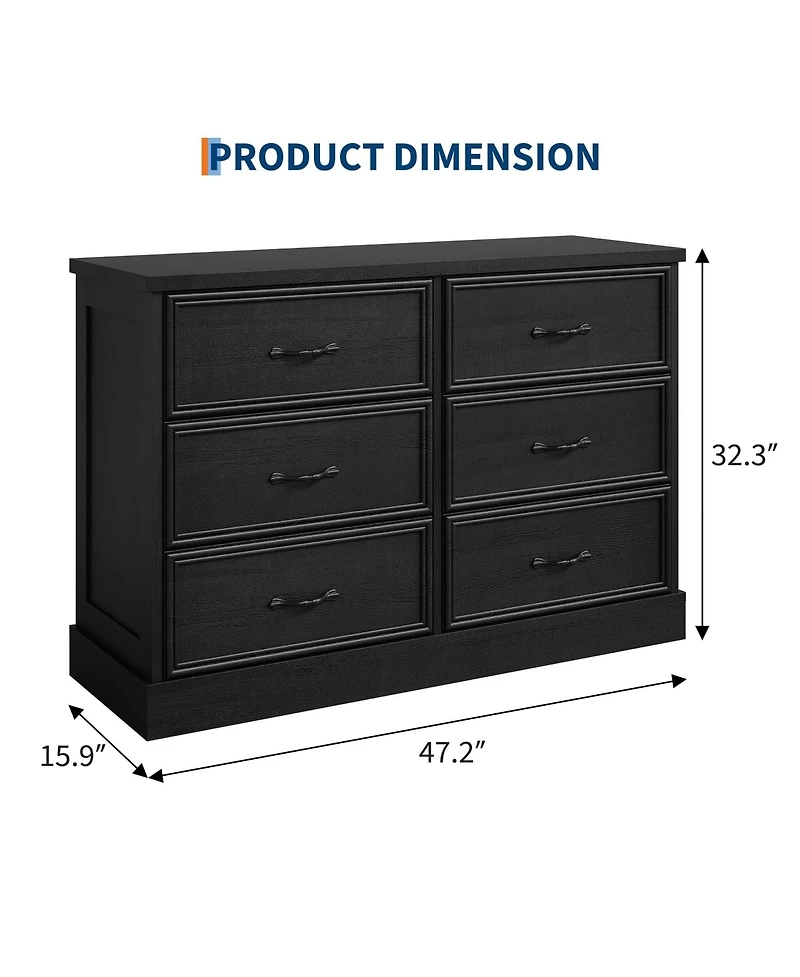 gaomon 6 Drawer Wooden Dresser, 47" Wide Chest with Large Storage Drawers for Bedroom or Living Room