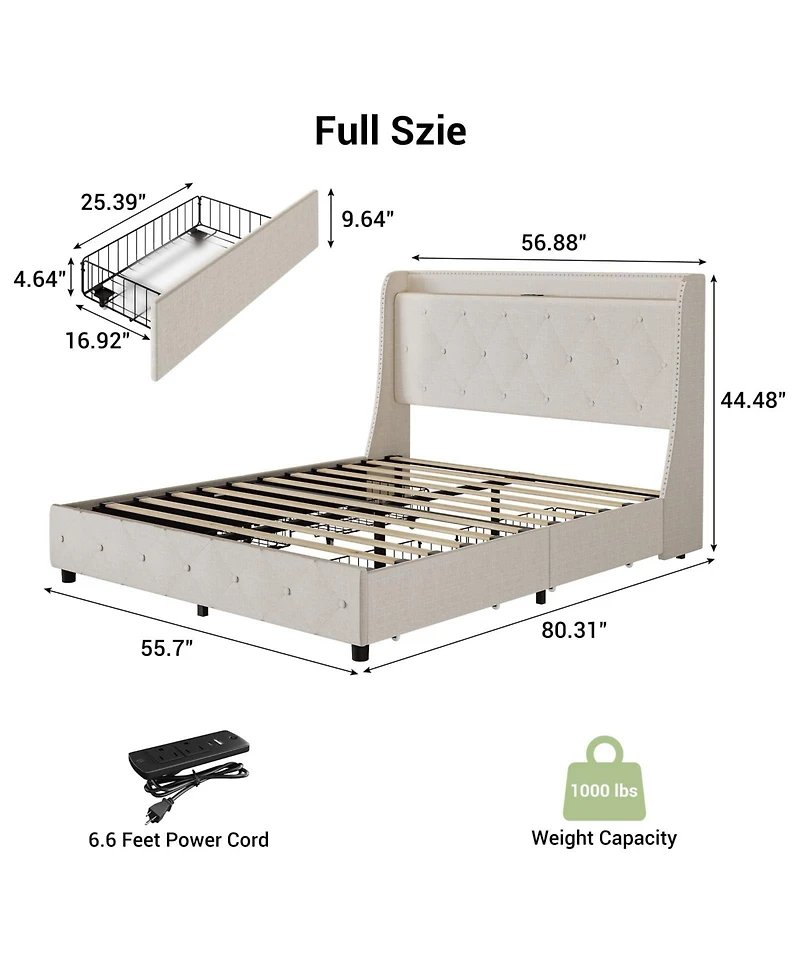 gaomon Upholstered Bed Frame with 4 Drawers, Charging Station and Wingback Headboard