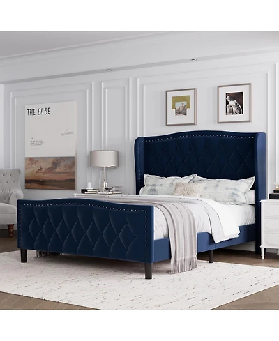 gaomon Bed Frame, Velvet Upholstered Platform Bed with Wingback Headboard, Wooden Slat Support