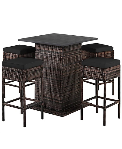 Gouun 5-Piece Outdoor Pe Rattan Patio Bar Set with 4 Cushioned Stools and Hidden Storage Shelf