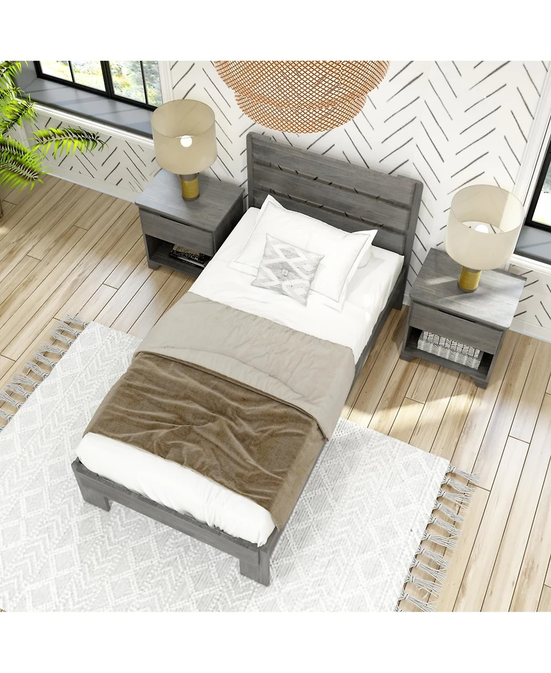 Max and Lily Twin Bed Frame, Farmhouse Solid Wood Platform with Slatted Headboard, Driftwood