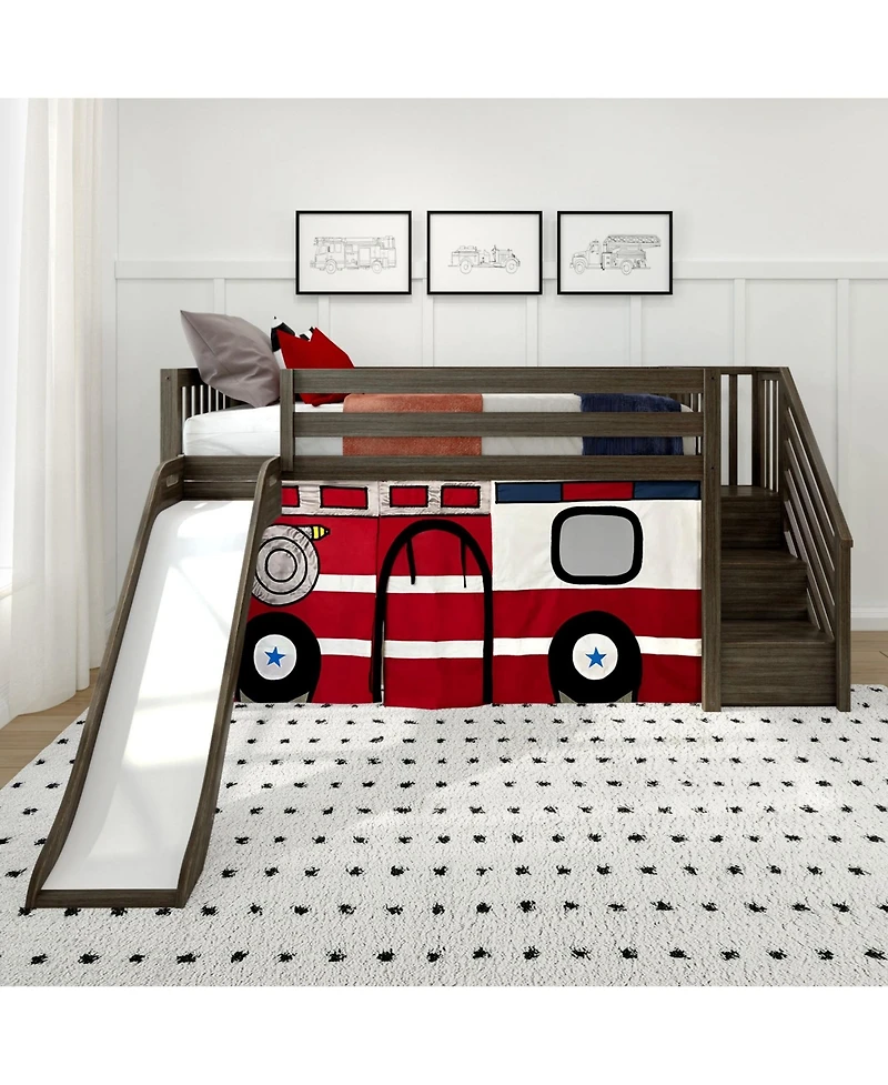 Max & Lily Low Loft With Stairs, Easy Slide and Firetruck Curtain
