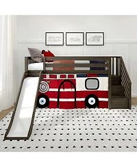 Max & Lily Low Loft With Stairs, Easy Slide and Firetruck Curtain