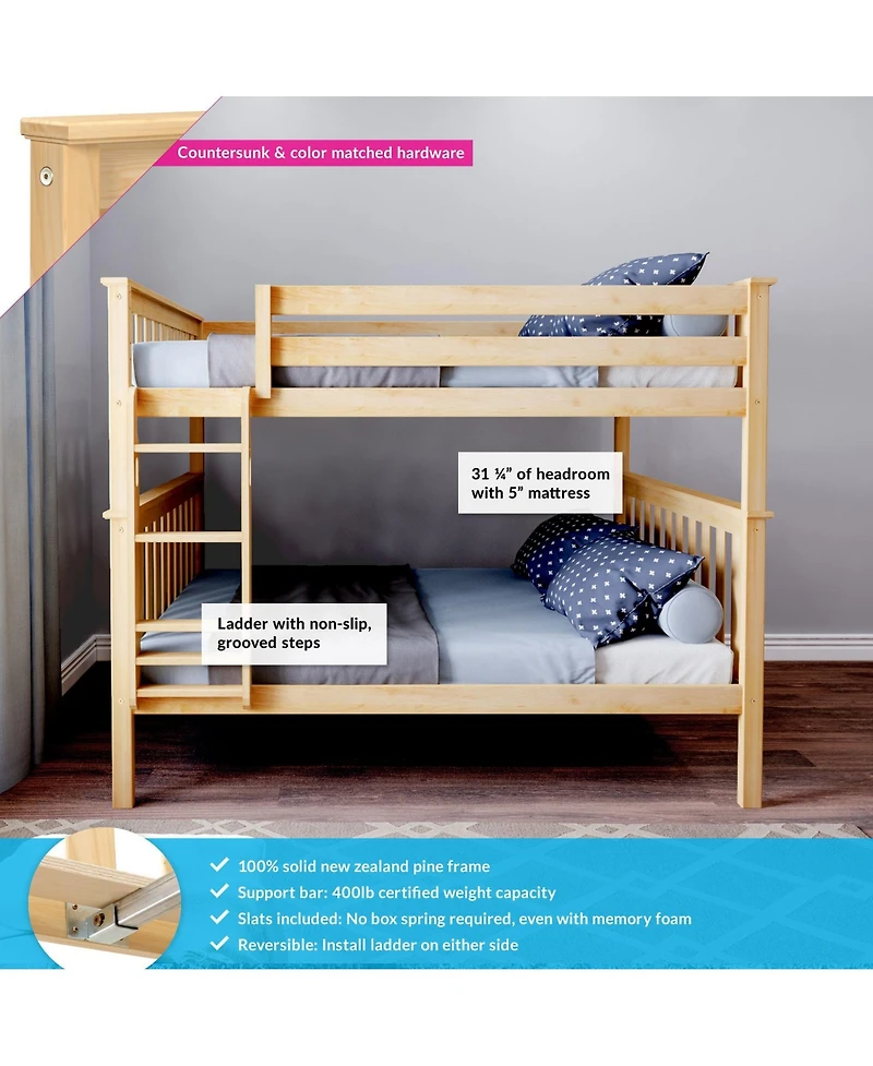 Max and Lily Full over Bunk Bed for Kids, Solid Wood Platform Bed, No Box Spring Needed