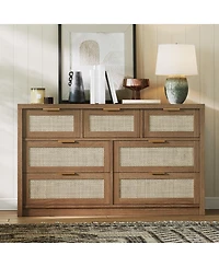 gaomon 7-Drawer Dresser for Bedroom, 52" Wide Rattan Modern Wood Chest with Metal Handles