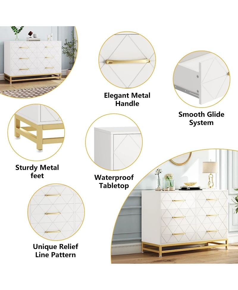 gaomon 6 Drawer Wood Dresser for Bedroom, Modern Storage Chest with Gold Handles and Metal Base