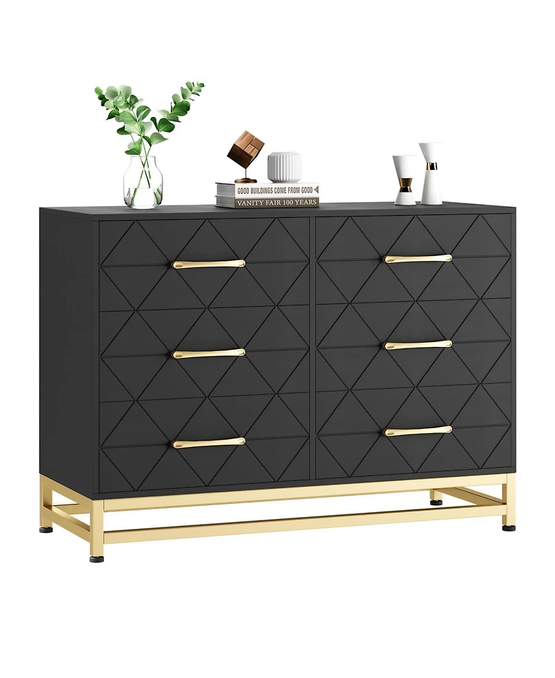 gaomon 6 Drawer Wood Dresser for Bedroom, Modern Storage Chest with Gold Handles and Metal Base