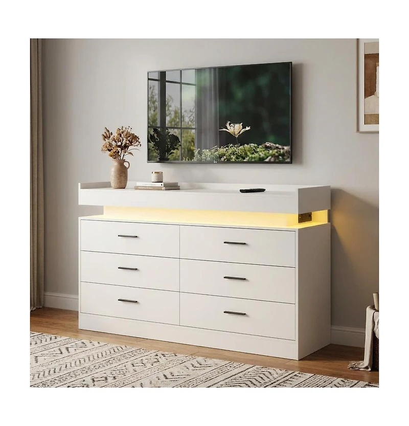 gaomon Led Tv Stand Cabinet with Charging Station, Floating Countertop Coffee Bar Sideboard with 6 Drawers Storage