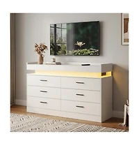 gaomon Led Tv Stand Cabinet with Charging Station, Floating Countertop Coffee Bar Sideboard with 6 Drawers Storage
