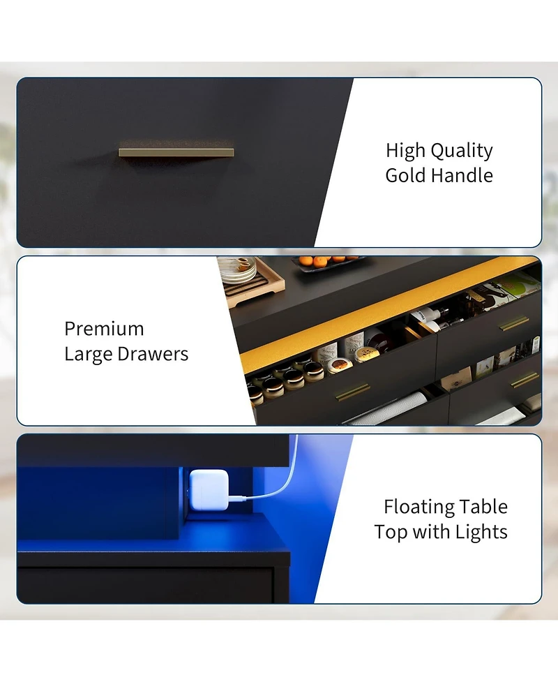 gaomon Led Tv Stand Cabinet with Charging Station, Floating Countertop Coffee Bar Sideboard with 6 Drawers Storage