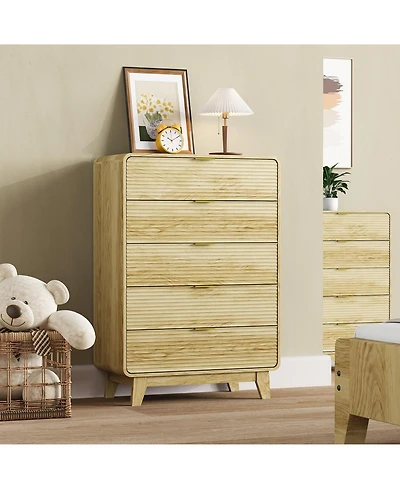 gaomon Fluted 5 Drawer Dresser with Gold Handles, 46" Tall Wood Storage Cabinet with Curved Profile for Bedroom