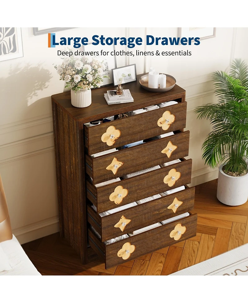gaomon 46.1" Tall 5 Drawer Wood Dresser with Decorative Fronts and Crystal Knobs, Narrow Storage Chest