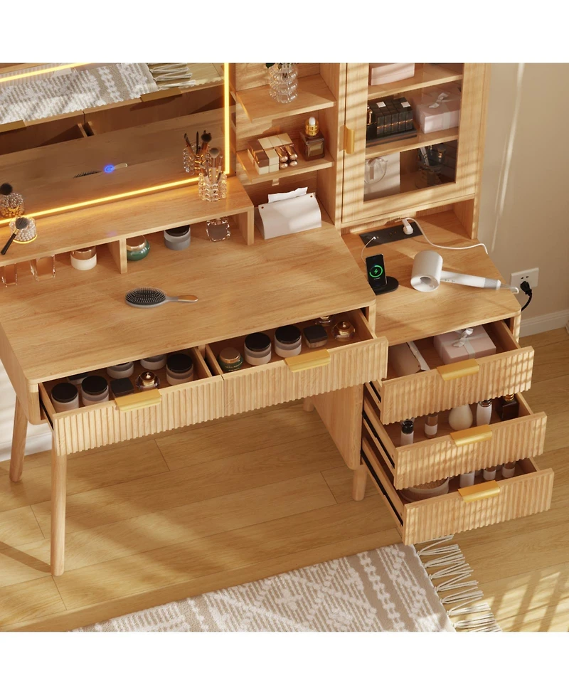 Homfan Fluted Makeup Vanity Desk with Led Lighted Mirror and Power Outlet - 5 Drawers, Glass Top, Door, Adjustable Shelves