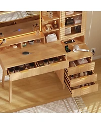 Homfan Fluted Makeup Vanity Desk with Led Lighted Mirror and Power Outlet - 5 Drawers, Glass Top, Door, Adjustable Shelves