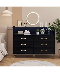gaomon 6 Drawer Dresser with Led Lights and Charging Station, Wood Storage Chest Steel Frame