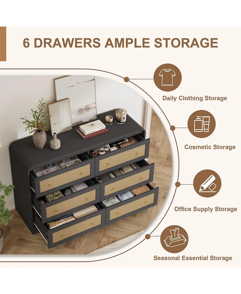 gaomon 6 Drawer Rattan Dresser with Rounded Corners, 46" Wide Modern Wooden Storage Cabinet for Bedroom Living Room