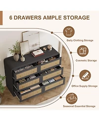 gaomon 6 Drawer Rattan Dresser with Rounded Corners, 46" Wide Modern Wooden Storage Cabinet for Bedroom Living Room