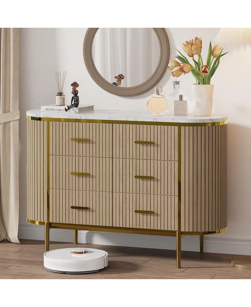 gaomon Fluted 6 Drawer Dresser, Mid Century Modern Wood Chest with Curved Design and Gold Handles