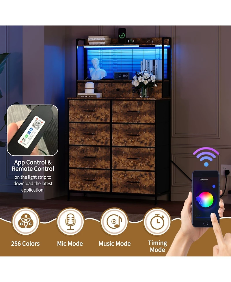gaomon 11 Drawer Fabric Dresser with Charging Station, Wireless Charger and Rgb Led Lights Storage Organizer