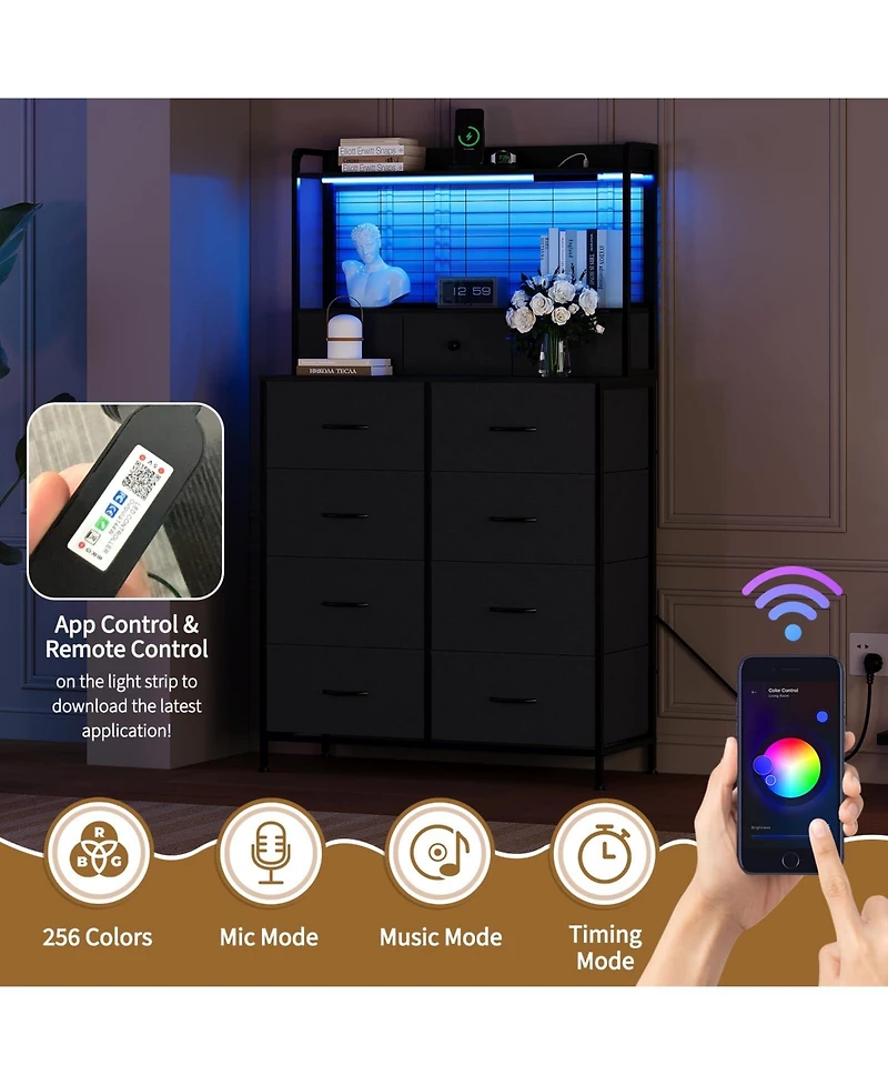 gaomon 11 Drawer Fabric Dresser with Charging Station, Wireless Charger and Rgb Led Lights Storage Organizer