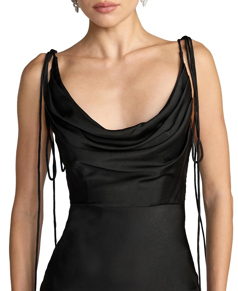 Mac Duggal Women's Charmeuse Cowl Neck Tie Strap Maxi Gown
