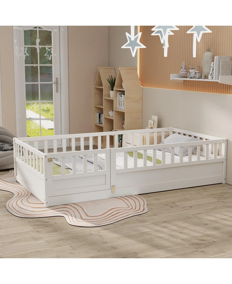 Rainsken Montessori Floor Bed, with Fence and Open Door, Children's Bed Frame