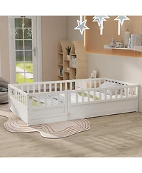Rainsken Montessori Floor Bed, with Fence and Open Door, Children's Bed Frame