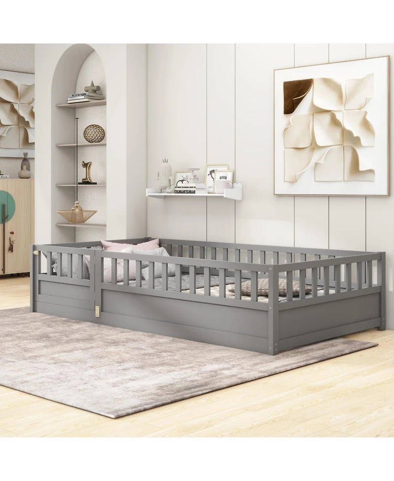Rainsken Montessori Floor Bed, with Fence and Open Door, Children's Bed Frame
