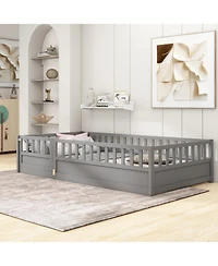 Rainsken Montessori Floor Bed, with Fence and Open Door, Children's Bed Frame