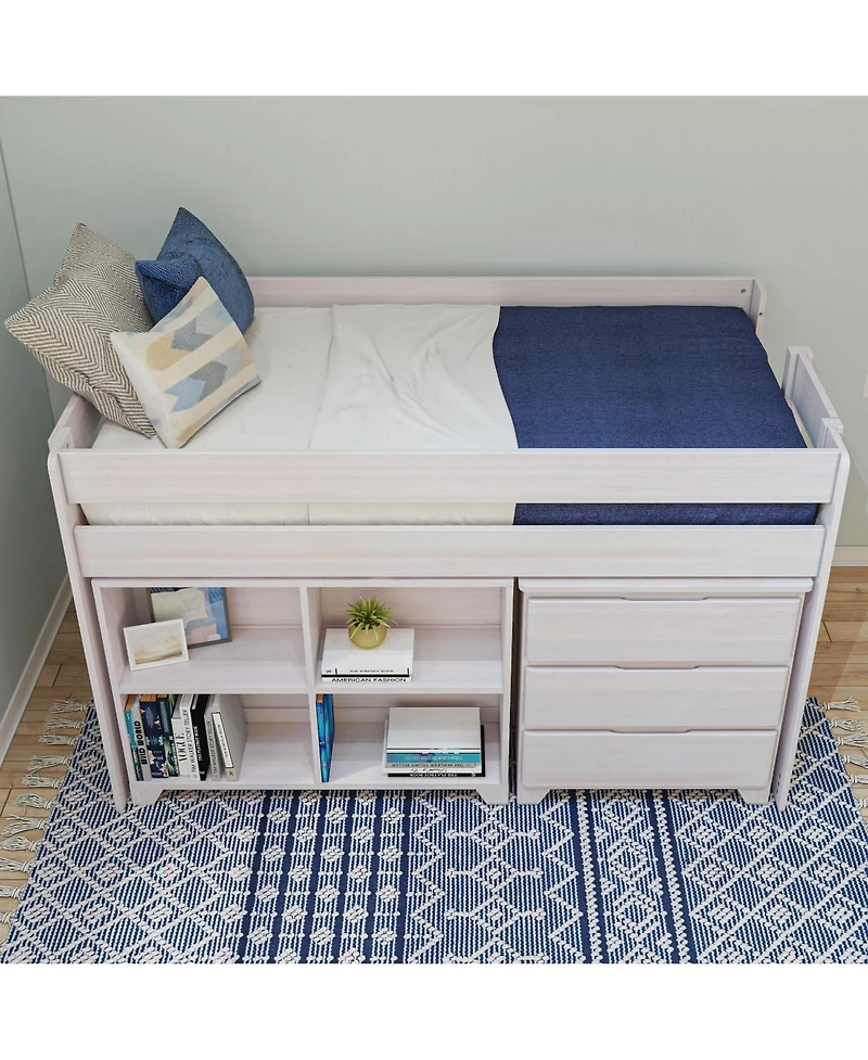Max & Lily Modern Farmhouse Low Loft Bed, Twin Bed Frame for Kids with 3-Drawer Dresser and 4-Shelf Bookcase