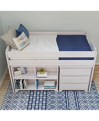 Max & Lily Modern Farmhouse Low Loft Bed, Twin Bed Frame for Kids with 3-Drawer Dresser and 4-Shelf Bookcase