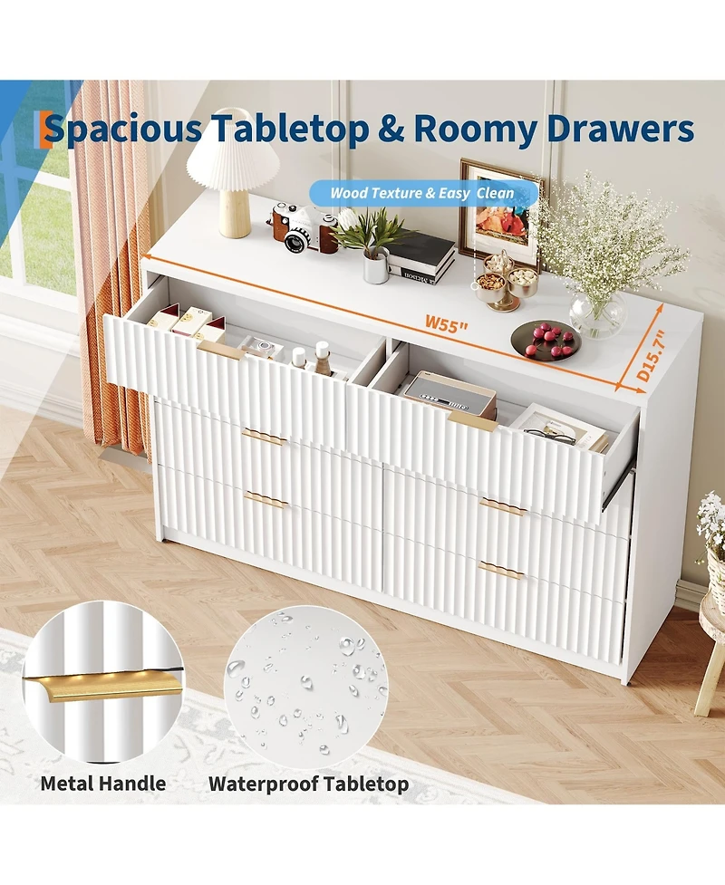gaomon 8 Drawer Fluted Double Dresser with Metal Handles, Modern Wood Storage Chest for Bedroom Entryway