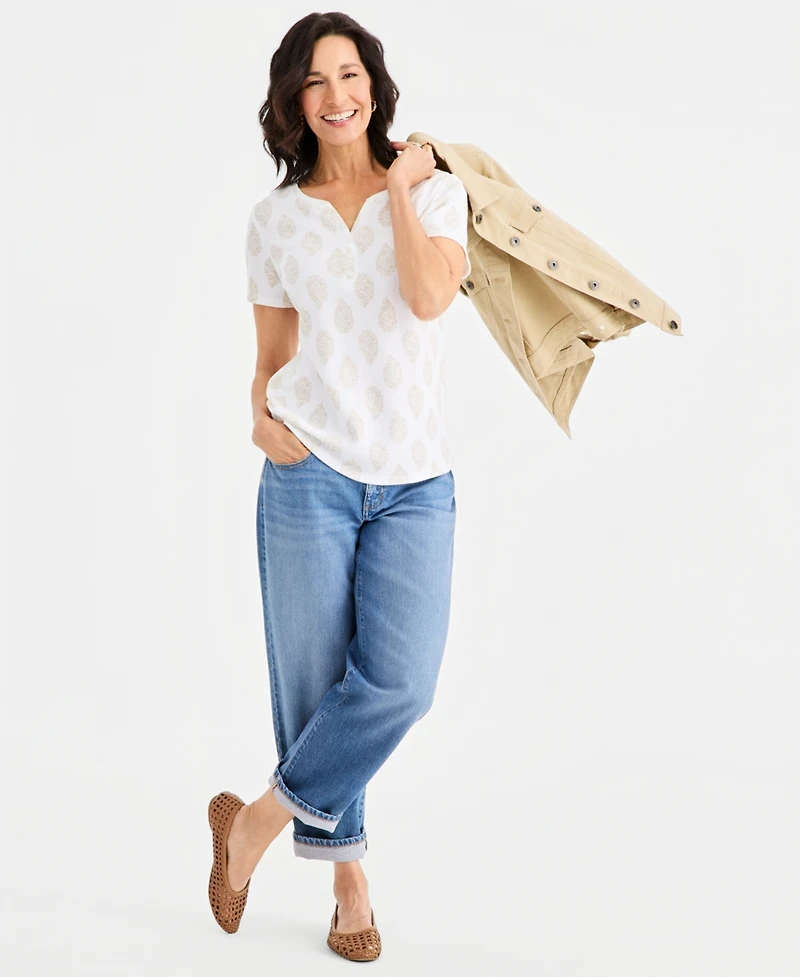 Style & Co Women's Printed Short-Sleeve Henley Top, Macy's Exclusive