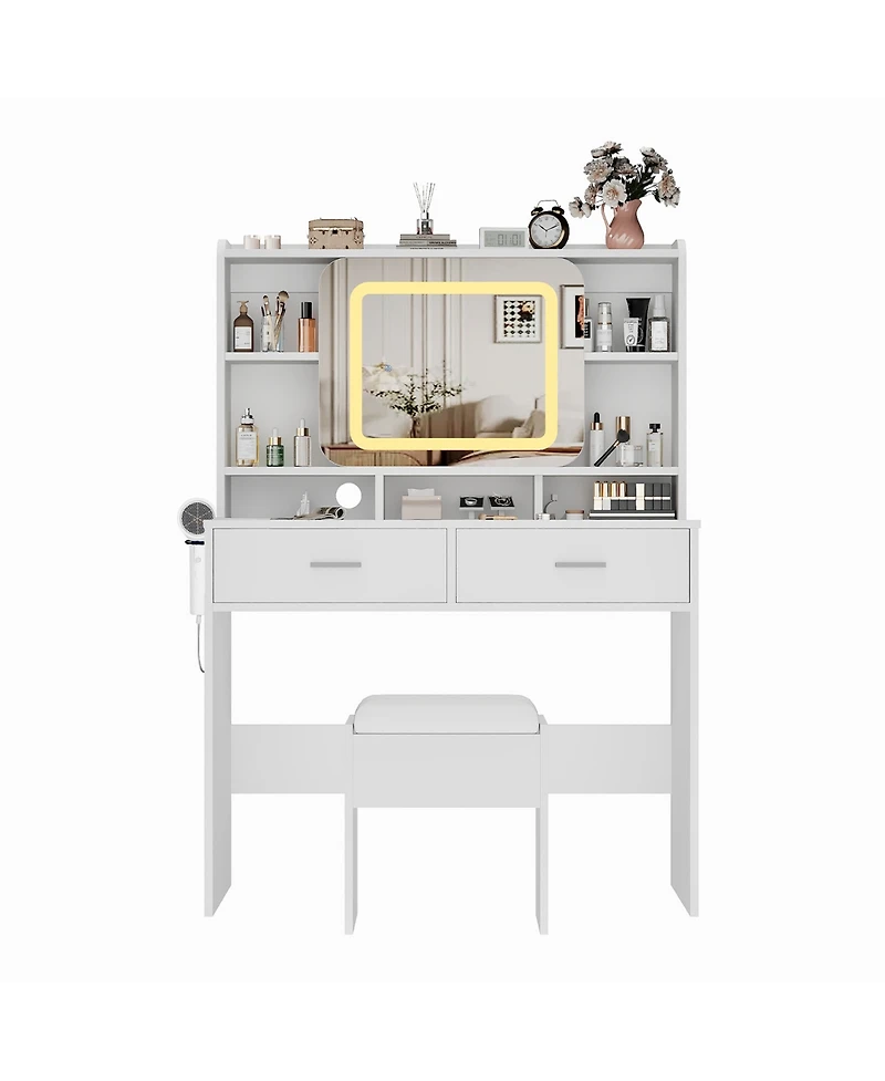 Homfan Vanity Desk with Sliding Mirror, Charging Station, 2 Drawers, Cushioned Stool, 3 Lighting Modes, Dressing Table for Bedroom, Studio