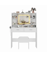 Homfan Vanity Desk with Sliding Mirror, Charging Station, 2 Drawers, Cushioned Stool, 3 Lighting Modes, Dressing Table for Bedroom, Studio