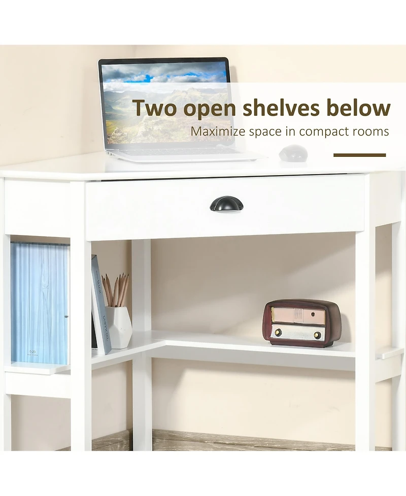 Homcom Corner Desk Triangle Computer Desk with Drawer & Storage Shelves,