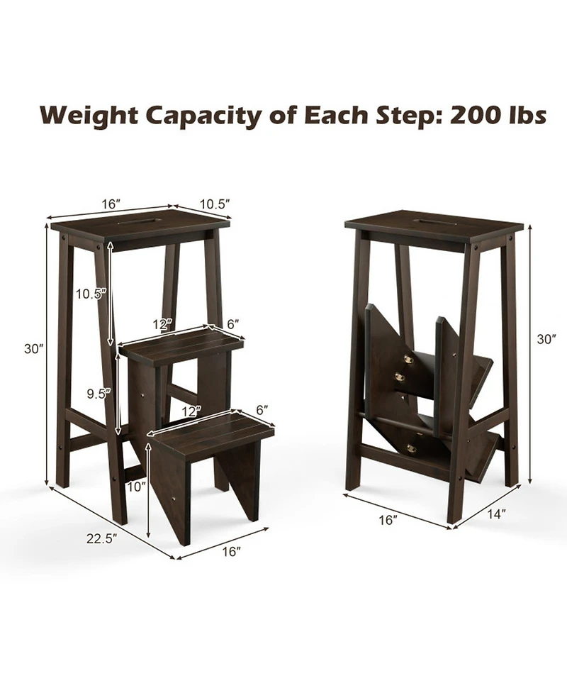 Gouun Rubber Wood 3-Tier Folding Step Stool Ladder with 200 lbs Capacity, 30